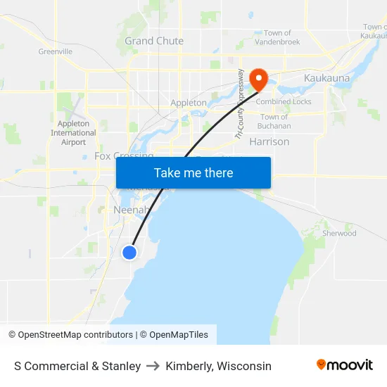 S Commercial & Stanley to Kimberly, Wisconsin map
