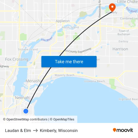 Laudan & Elm to Kimberly, Wisconsin map