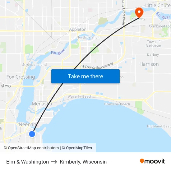 Elm & Washington to Kimberly, Wisconsin map