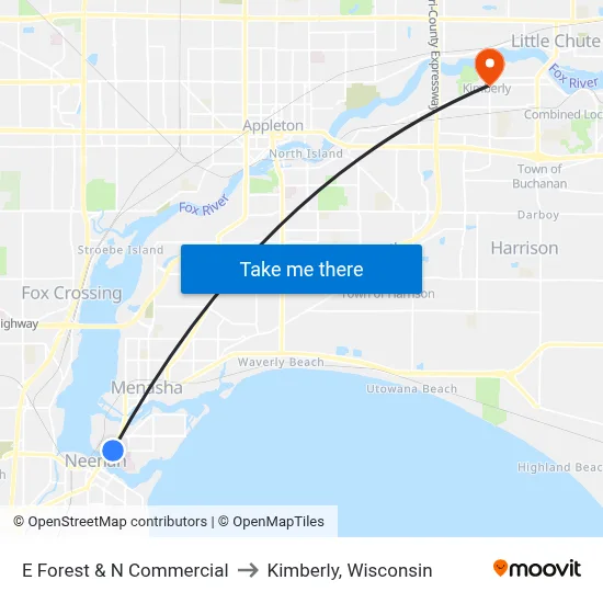 E Forest & N Commercial to Kimberly, Wisconsin map