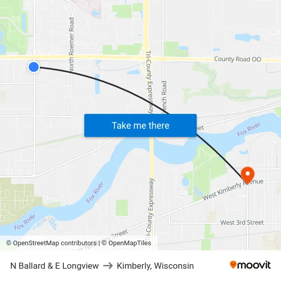 N Ballard & E Longview to Kimberly, Wisconsin map