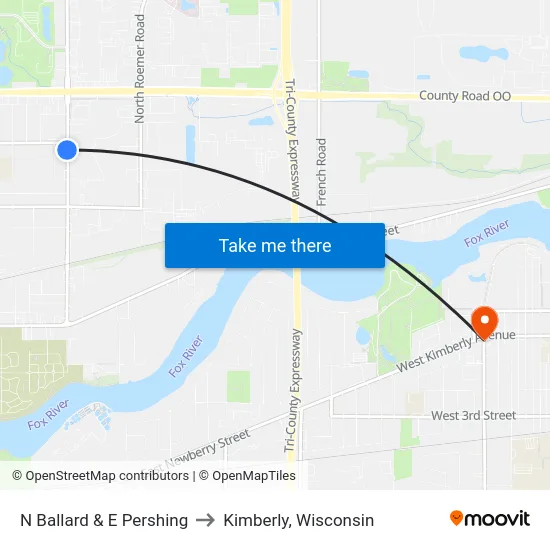 N Ballard & E Pershing to Kimberly, Wisconsin map