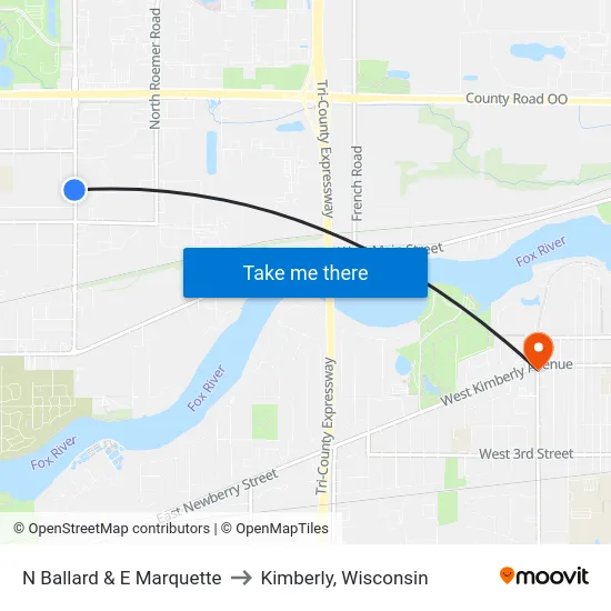 N Ballard & E Marquette to Kimberly, Wisconsin map