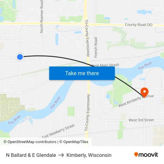 N Ballard & E Glendale to Kimberly, Wisconsin map