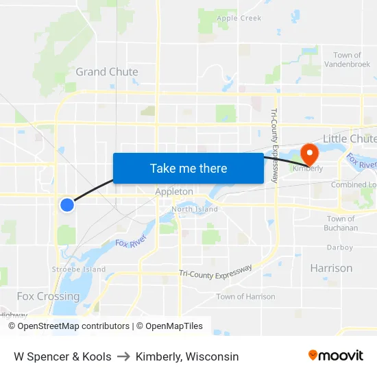 W Spencer & Kools to Kimberly, Wisconsin map