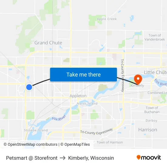 Petsmart @ Storefront to Kimberly, Wisconsin map
