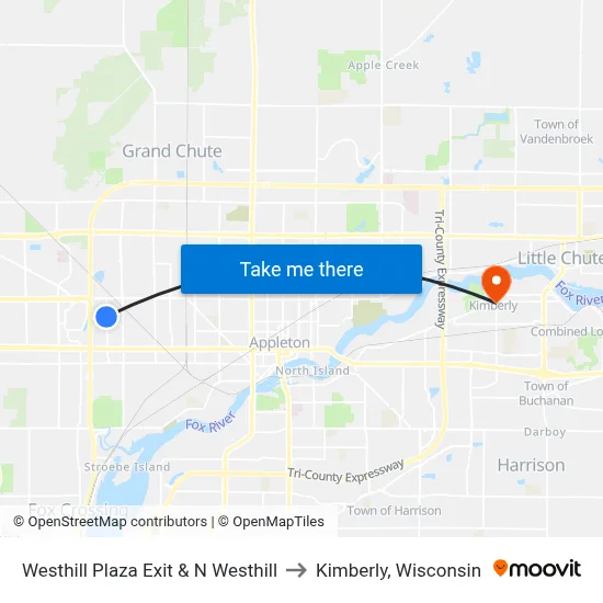 Westhill Plaza Exit & N Westhill to Kimberly, Wisconsin map