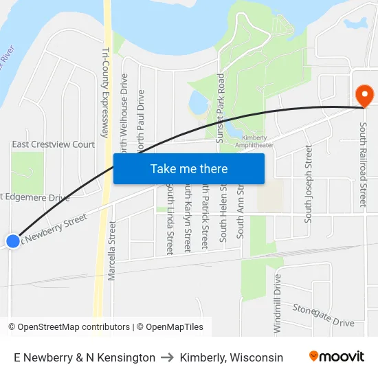 E Newberry & N Kensington to Kimberly, Wisconsin map