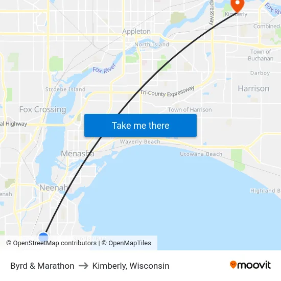 Byrd & Marathon to Kimberly, Wisconsin map