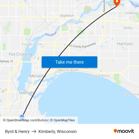 Byrd & Henry to Kimberly, Wisconsin map