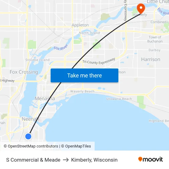 S Commercial & Meade to Kimberly, Wisconsin map
