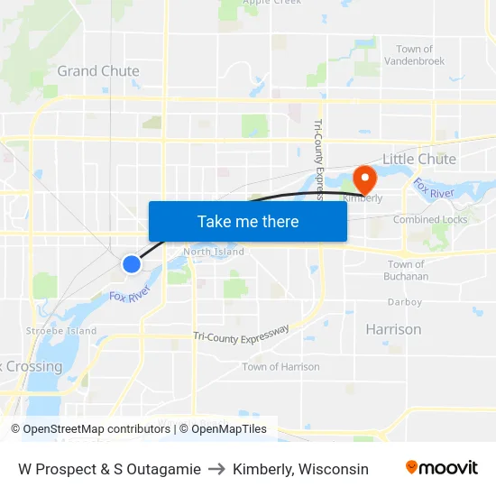 W Prospect & S Outagamie to Kimberly, Wisconsin map