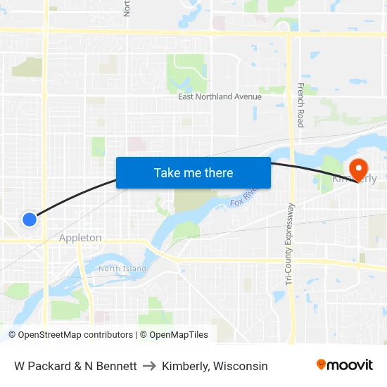 W Packard & N Bennett to Kimberly, Wisconsin map