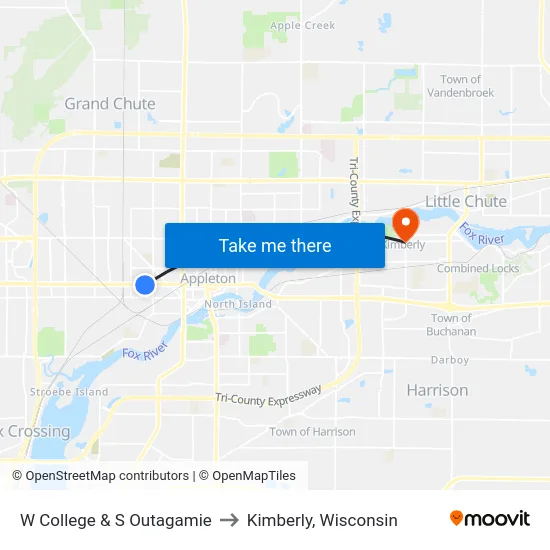 W College & S Outagamie to Kimberly, Wisconsin map