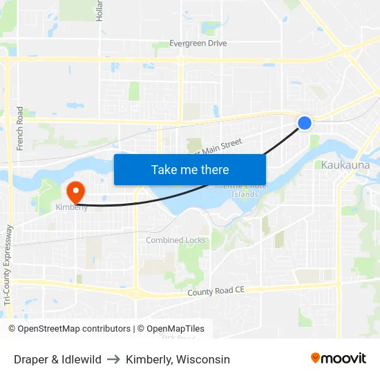 Draper & Idlewild to Kimberly, Wisconsin map