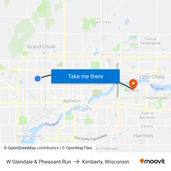 W Glendale & Pheasant Run to Kimberly, Wisconsin map