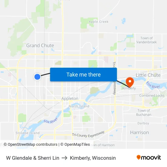 W Glendale & Sherri Lin to Kimberly, Wisconsin map