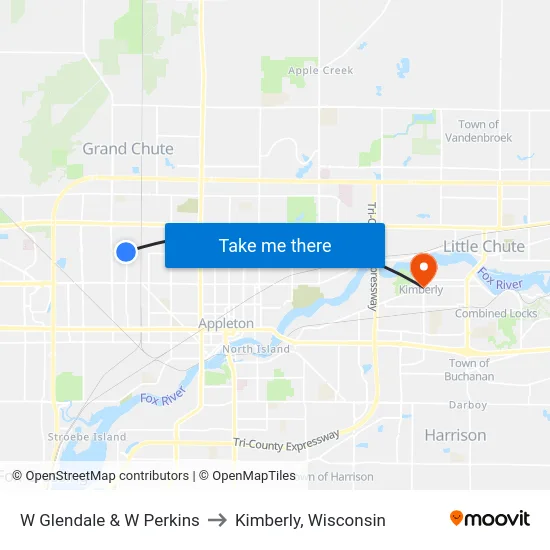 W Glendale & W Perkins to Kimberly, Wisconsin map