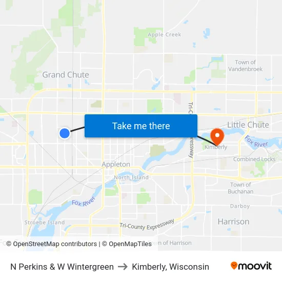 N Perkins & W Wintergreen to Kimberly, Wisconsin map