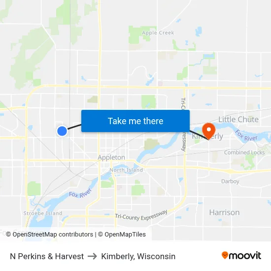 N Perkins & Harvest to Kimberly, Wisconsin map