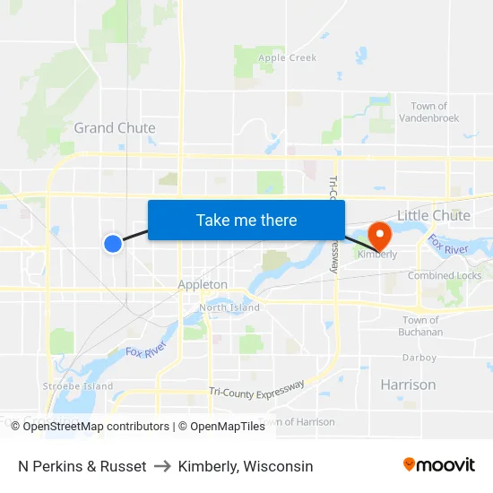 N Perkins & Russet to Kimberly, Wisconsin map