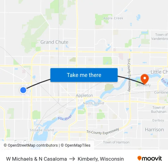 W Michaels & N Casaloma to Kimberly, Wisconsin map