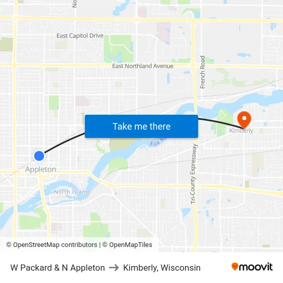 W Packard & N Appleton to Kimberly, Wisconsin map