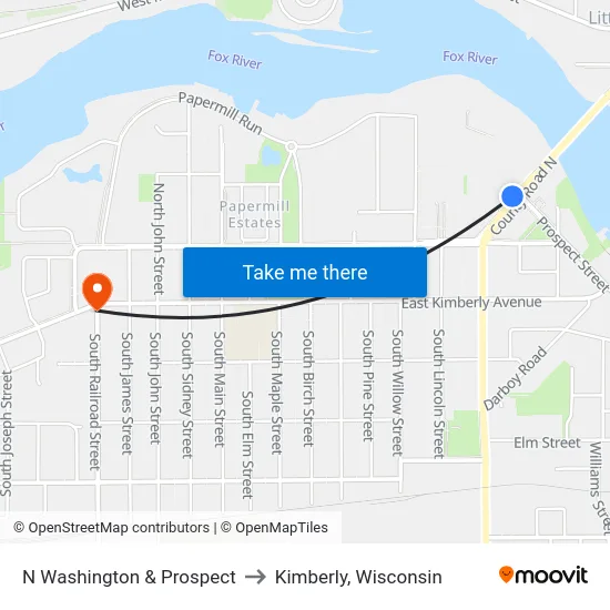 N Washington & Prospect to Kimberly, Wisconsin map