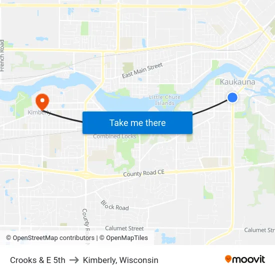 Crooks & E 5th to Kimberly, Wisconsin map