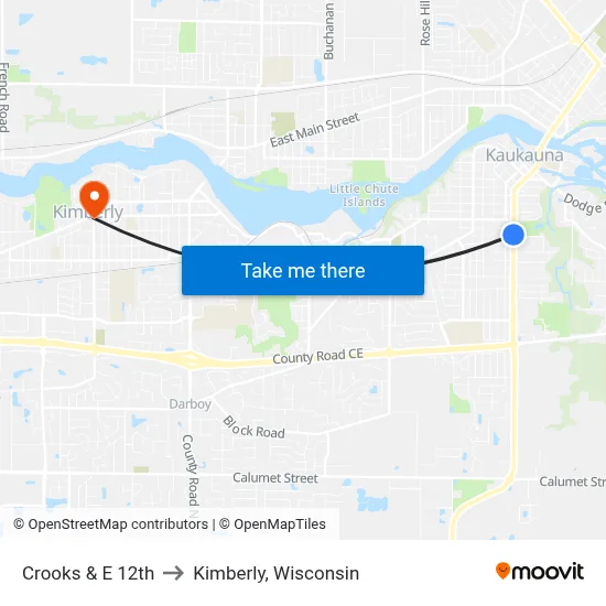 Crooks & E 12th to Kimberly, Wisconsin map