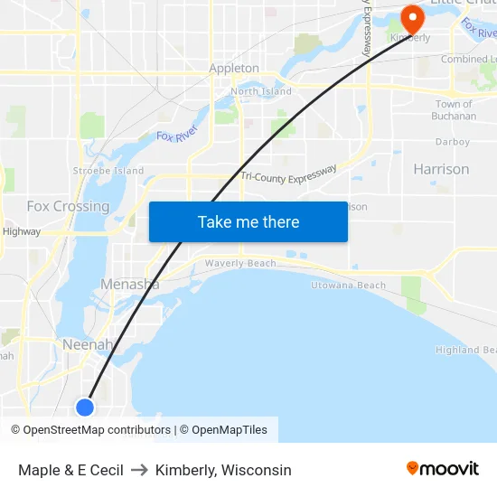 Maple & E Cecil to Kimberly, Wisconsin map