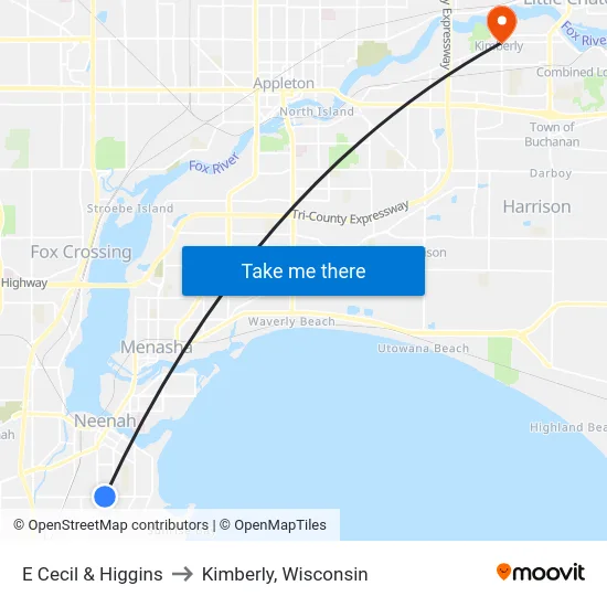 E Cecil & Higgins to Kimberly, Wisconsin map