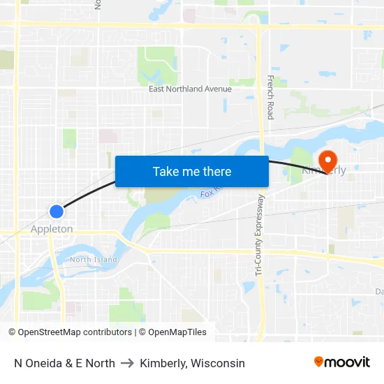 N Oneida & E North to Kimberly, Wisconsin map
