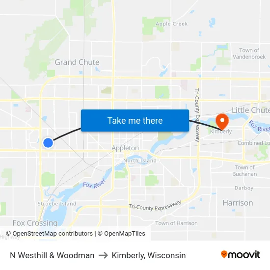 N Westhill & Woodman to Kimberly, Wisconsin map
