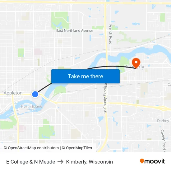E College & N Meade to Kimberly, Wisconsin map