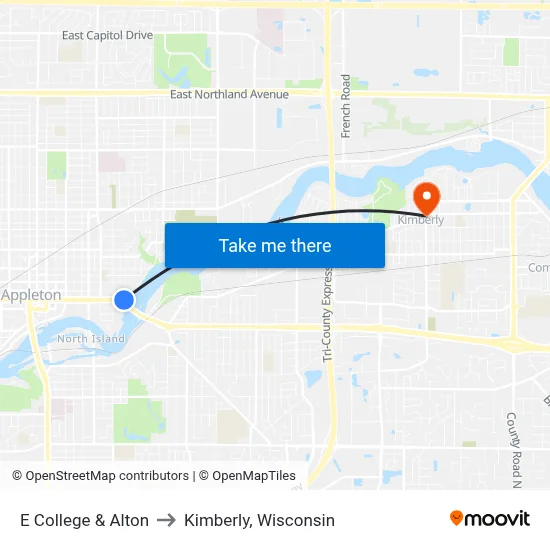 E College & Alton to Kimberly, Wisconsin map