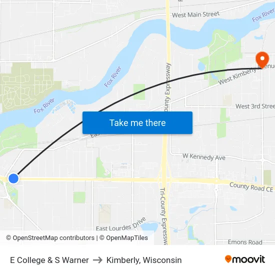 E College & S Warner to Kimberly, Wisconsin map