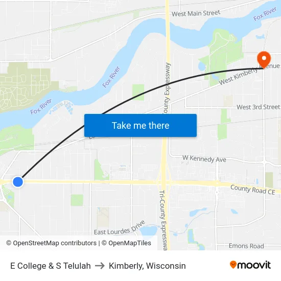 E College & S Telulah to Kimberly, Wisconsin map