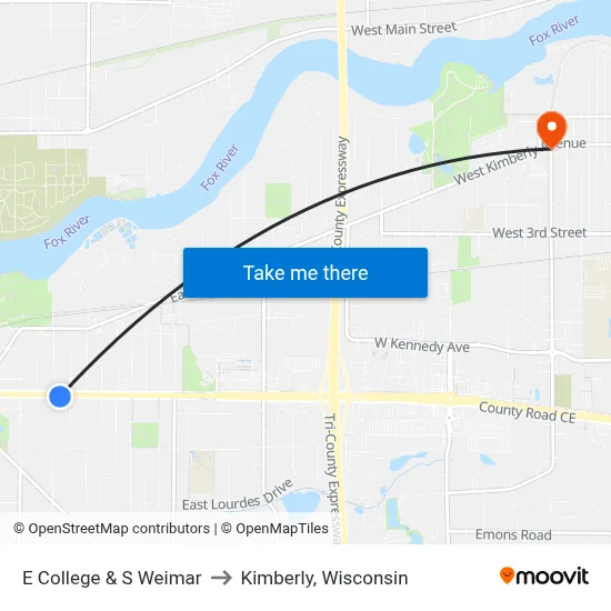 E College & S Weimar to Kimberly, Wisconsin map