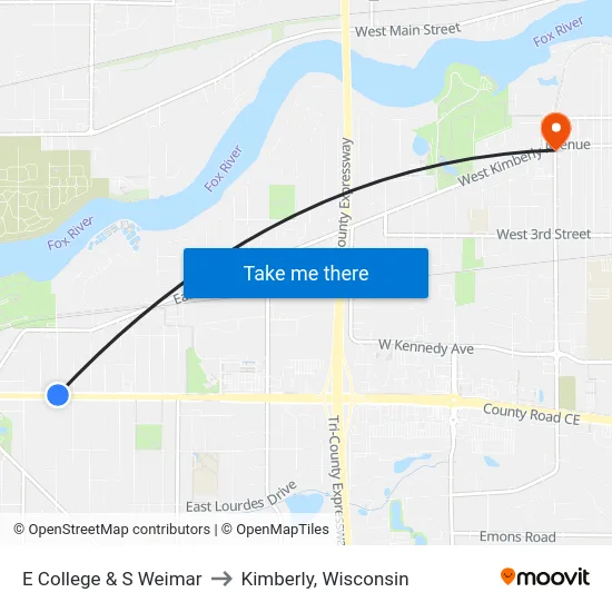 E College & S Weimar to Kimberly, Wisconsin map