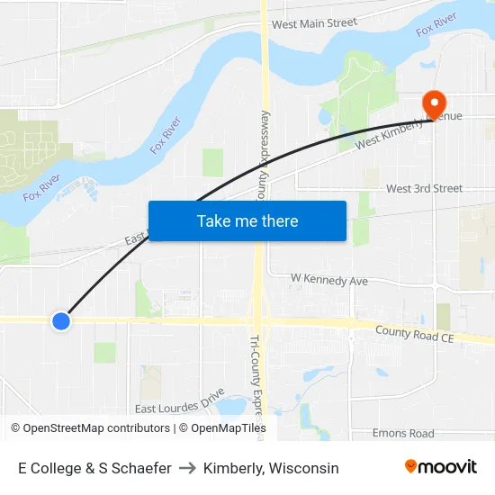 E College & S Schaefer to Kimberly, Wisconsin map