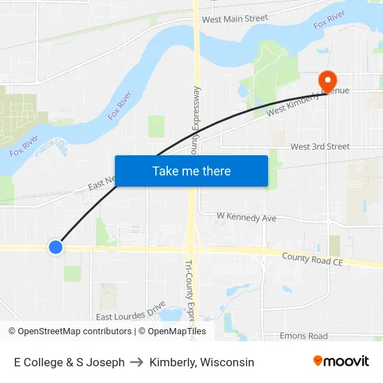 E College & S Joseph to Kimberly, Wisconsin map