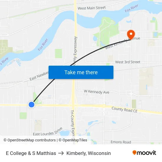 E College & S Matthias to Kimberly, Wisconsin map