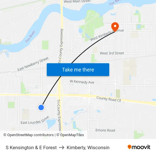 S Kensington & E Forest to Kimberly, Wisconsin map
