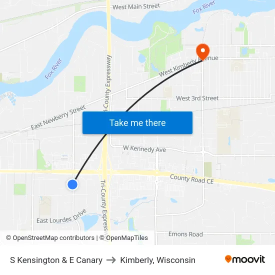 S Kensington & E Canary to Kimberly, Wisconsin map