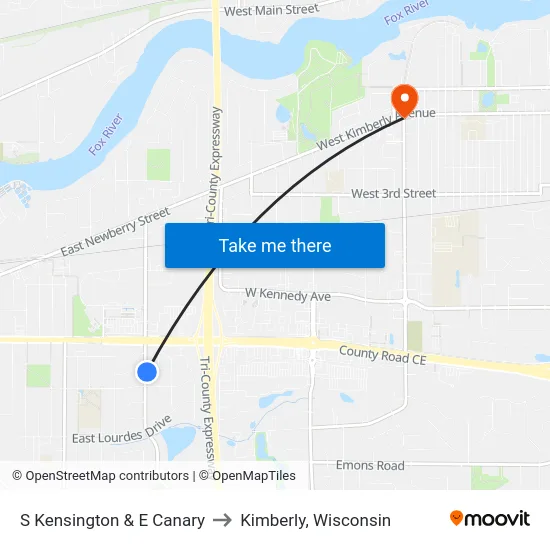 S Kensington & E Canary to Kimberly, Wisconsin map