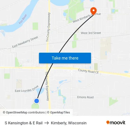 S Kensington & E Rail to Kimberly, Wisconsin map
