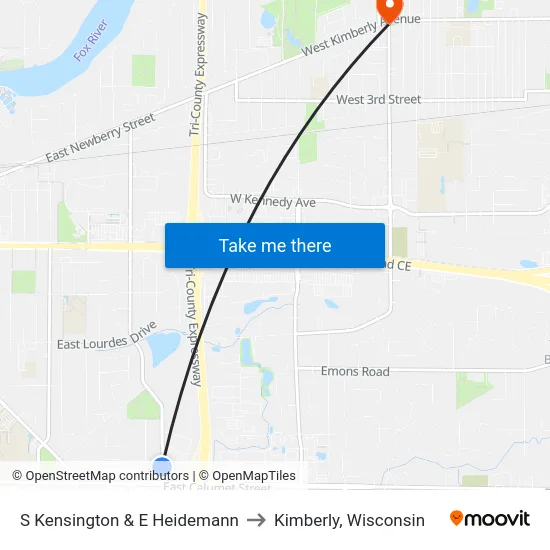 S Kensington & E Heidemann to Kimberly, Wisconsin map