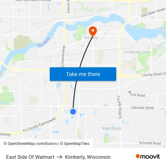 East Side Of Walmart to Kimberly, Wisconsin map