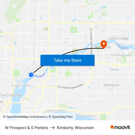 W Prospect & S Perkins to Kimberly, Wisconsin map